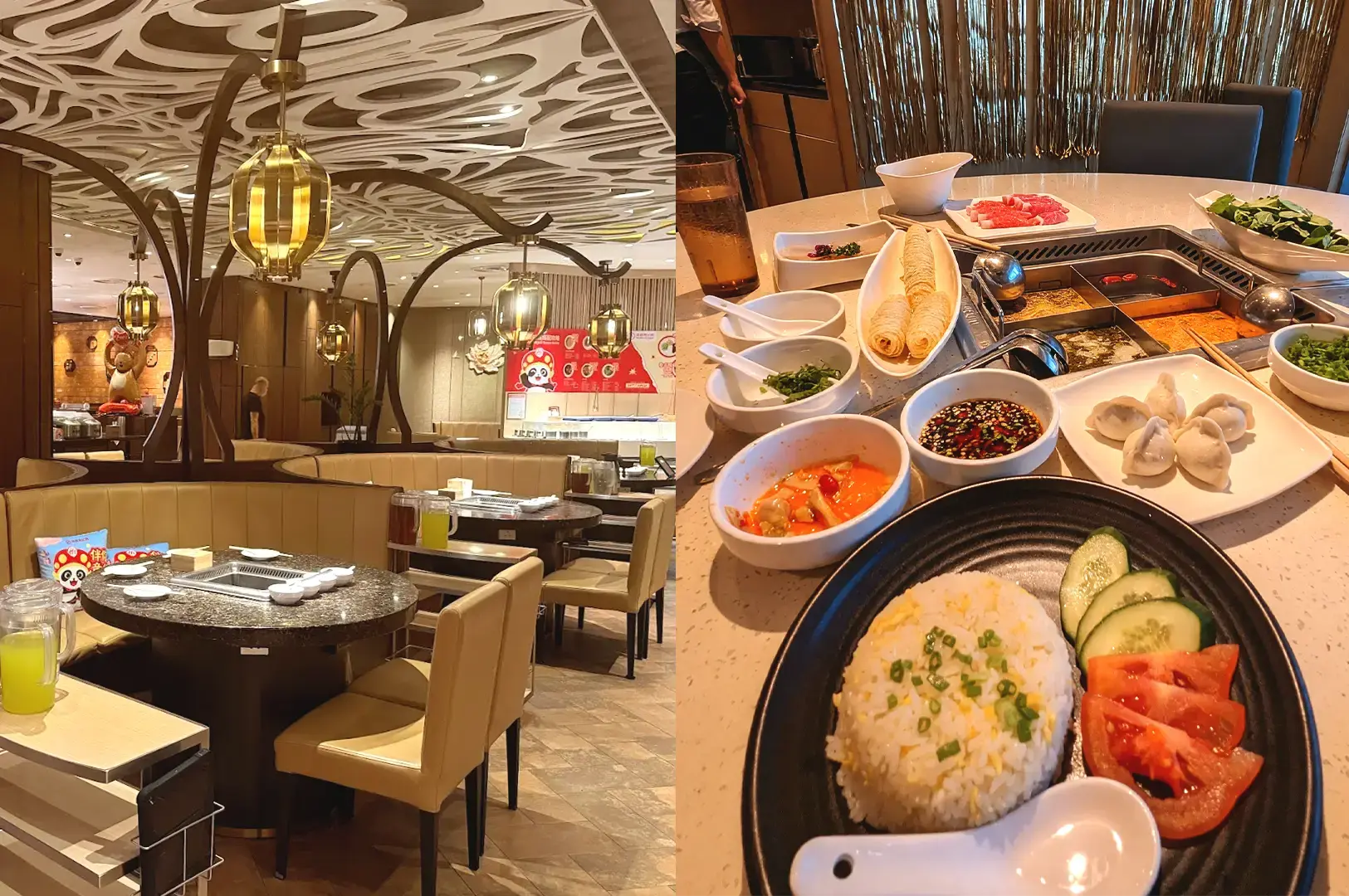 A split-view image showcasing the interior and dining experience at Haidilao Hot Pot in Somerset, featuring the restaurant's elegant, dining area with ambient gold lantern lighting, and a close-up of a hotpot with fresh ingredients, dipping sauces, and a side of fried rice.