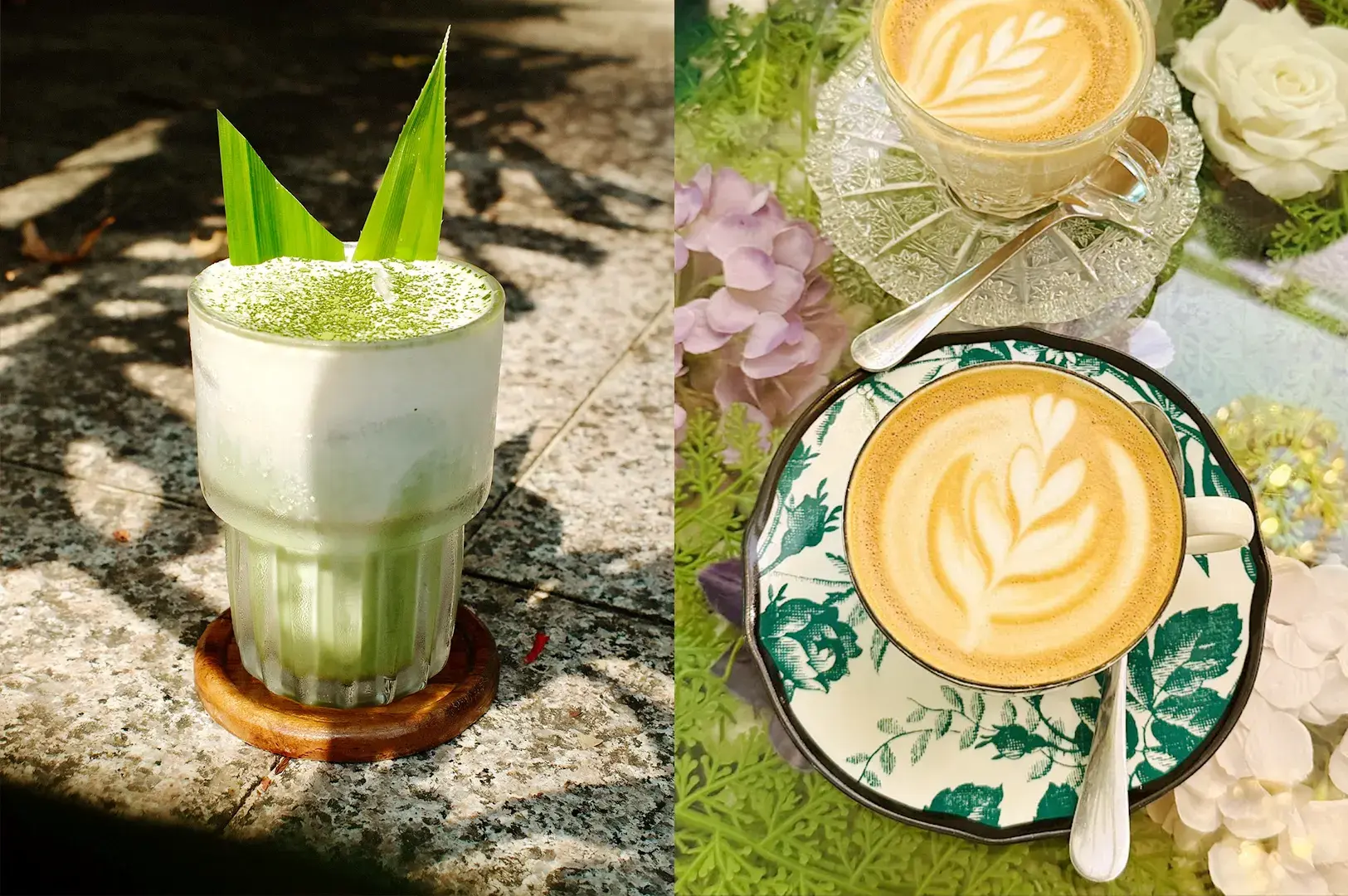 Close-up of artisan coffee and hojicha, and specialty iced uji matcha at Le Jardin cafe, Fort Canning, Singapore.