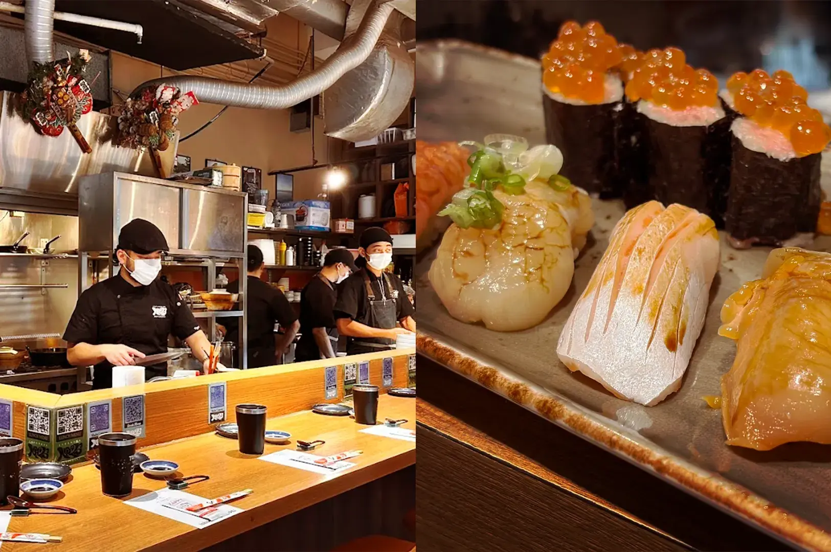 A split image featuring the lively, authentic counter-seating dining environment at Teppei Japanese Restaurant in Tanjong Pagar, alongside a close-up of fresh, expertly prepared sushi and gunkan topped with ikura, showcasing one of the area's most popular Japanese culinary gems.
