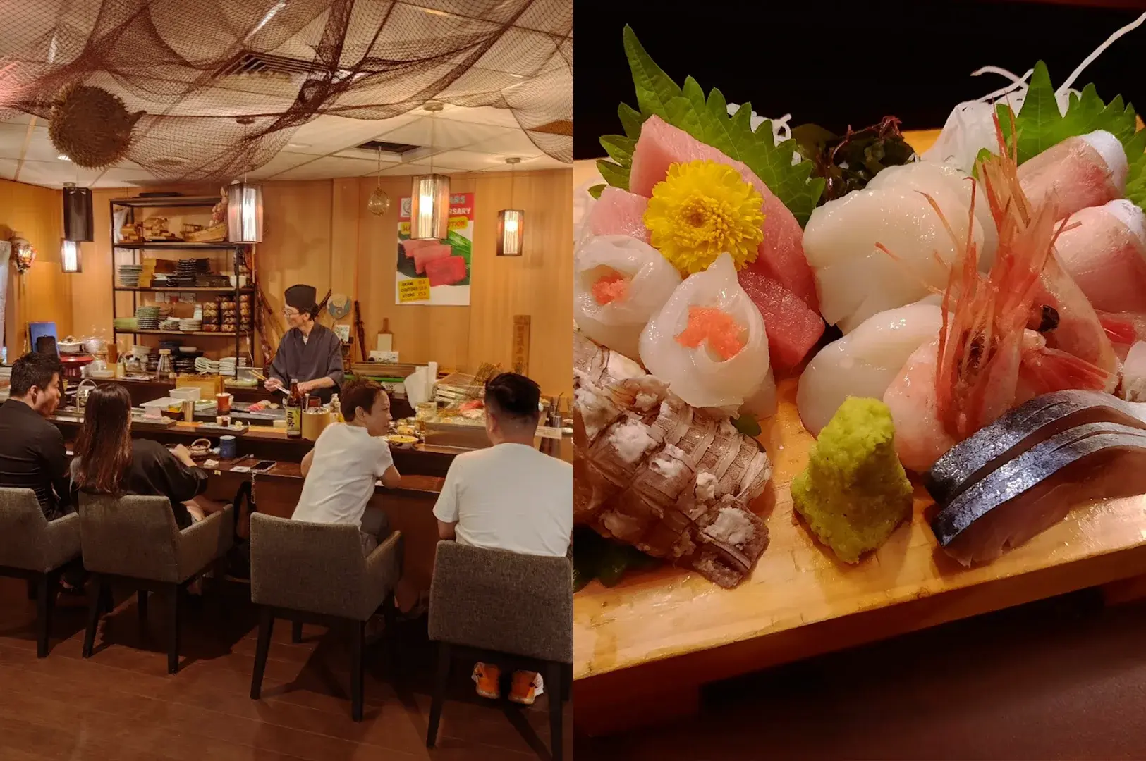 A split-view image highlighting Kan Sushi in Tanjong Pagar, featuring a warm, inviting, and lively dining atmosphere with a chef behind the sushi bar and an up-close, vibrant platter of fresh assorted sashimi.