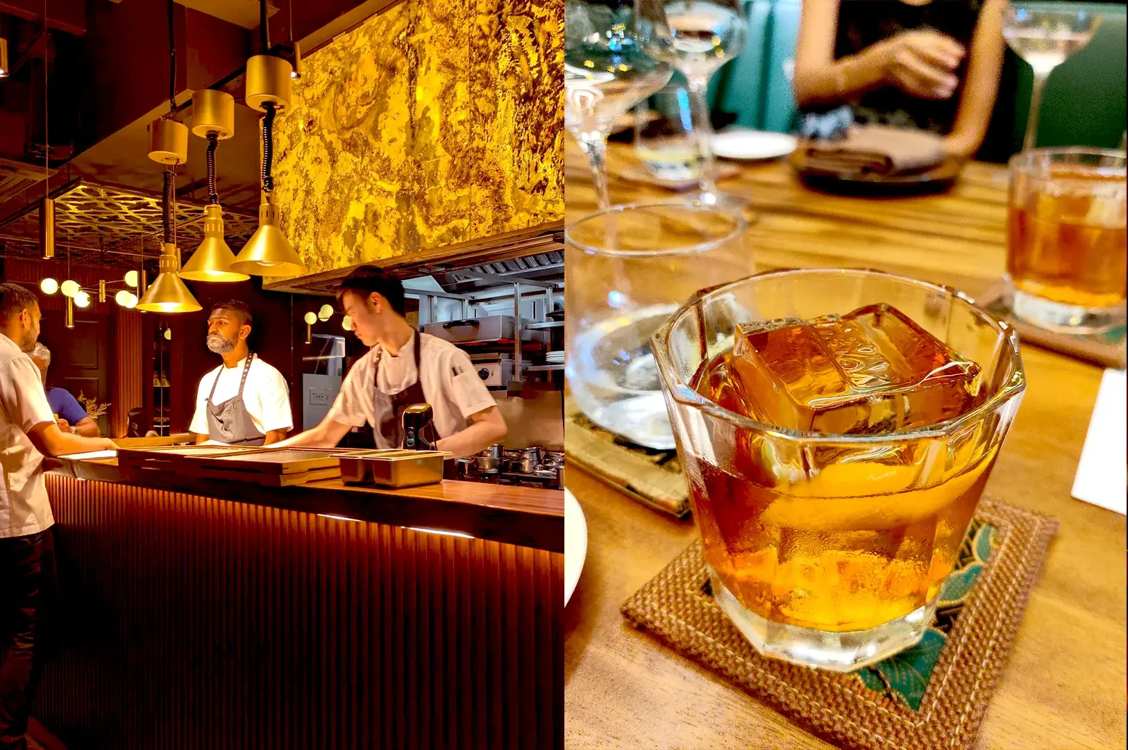 A culinary moment at Thevar Singapore featuring Chef Mano Thevar in the kitchen and an Old Fashioned on the table, capturing the vibrant service, atmosphere, and upscale dining experience.