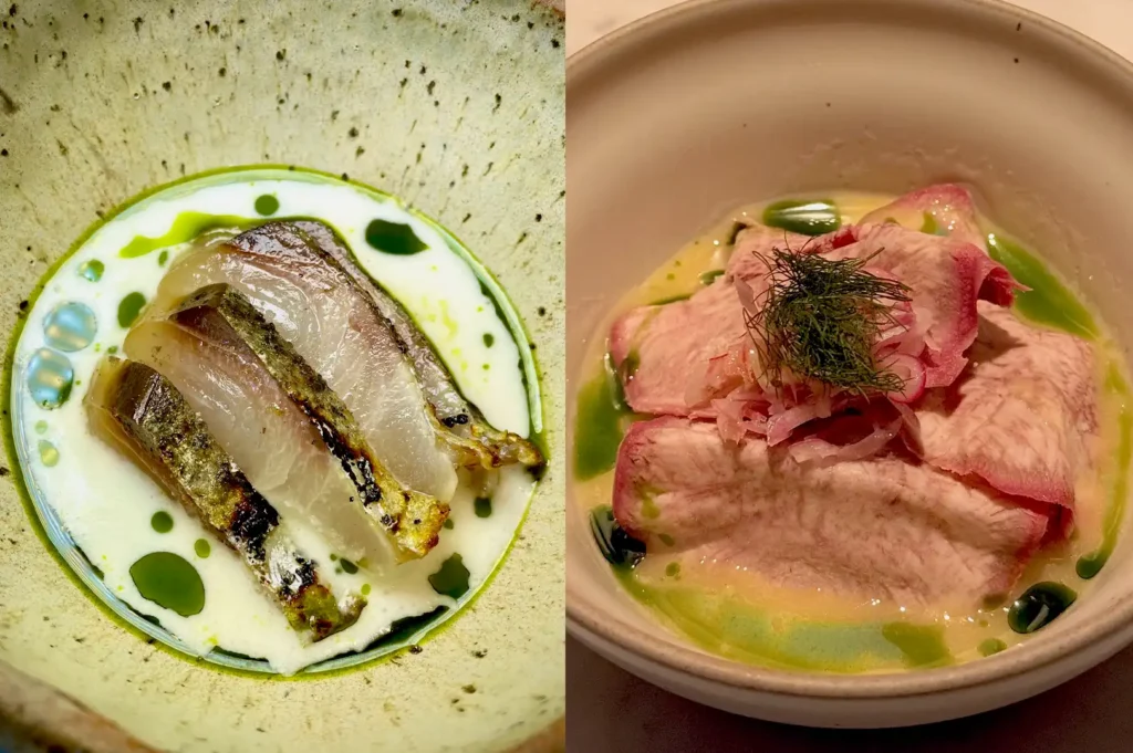 Artfully plated modern Singaporean food, the cold starters of aged kanpachi and smoked wagyu ox tongue, highlighting the refined, contemporary techniques used at Belimbing.