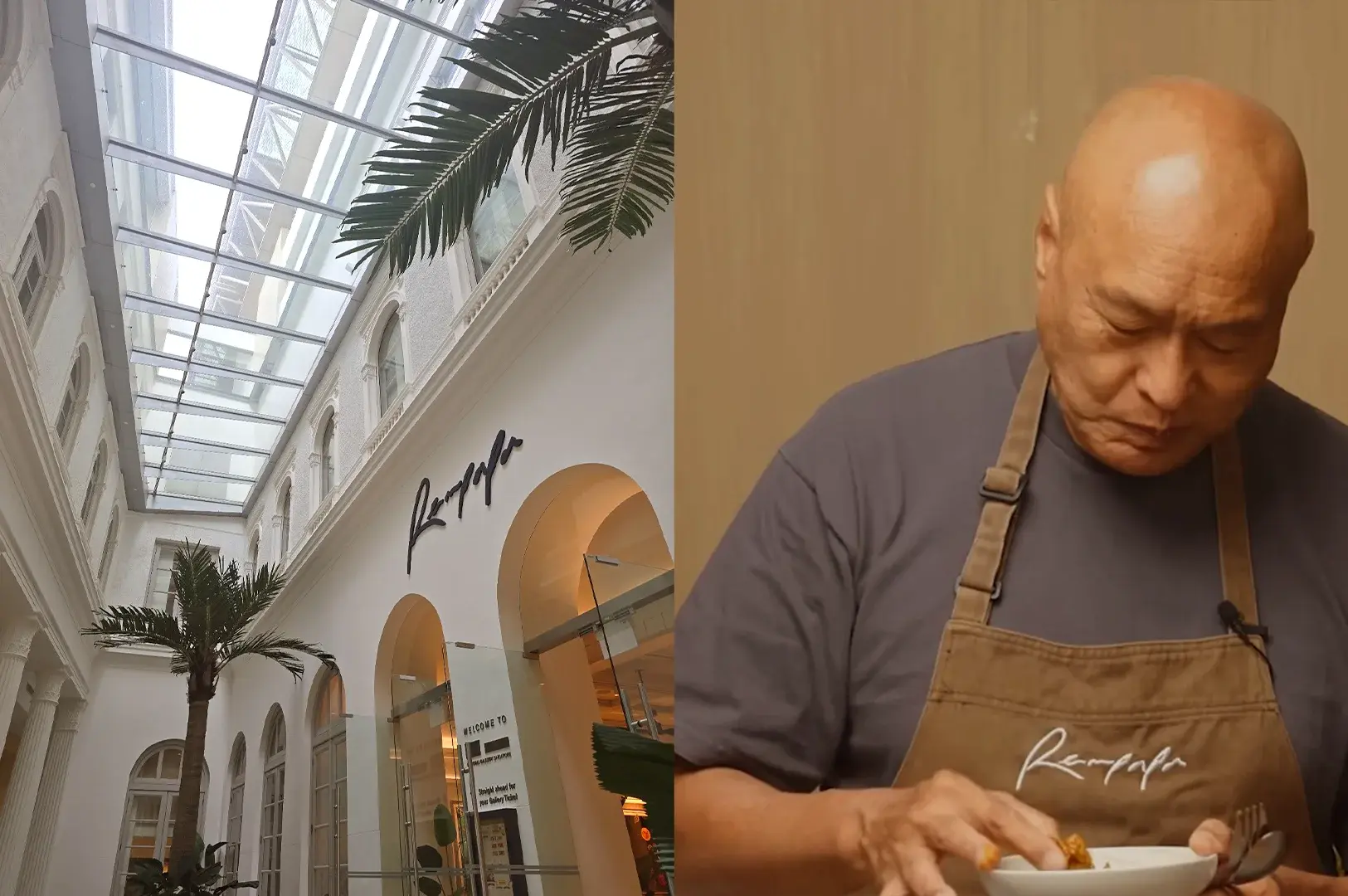 Exterior signage of Rempapa restaurant featuring a modern aesthetic, alongside a close-up of Chef Damian D'Silva preparing traditional heritage food.