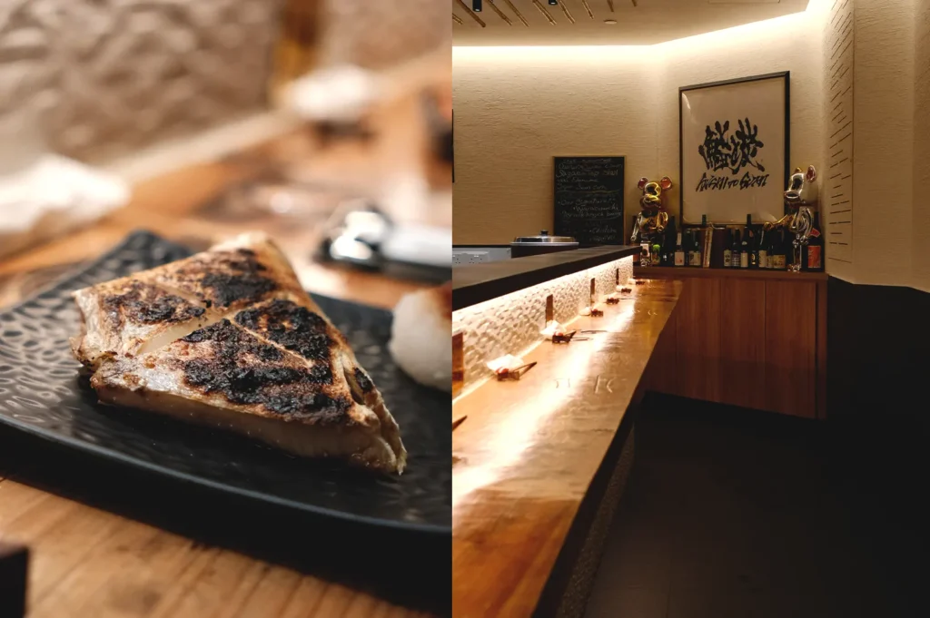 A split-image view of Sushi To Sumi, featuring a piece of perfectly grilled, charred fish on a dark textured plate on the left, and a sleek, warm-lit modern standing sushi bar interior with Japanese calligraphy and liquor bottles on the right, highlighting a premium Japanese sushi experience in Singapore without the traditional three-hour ceremony.