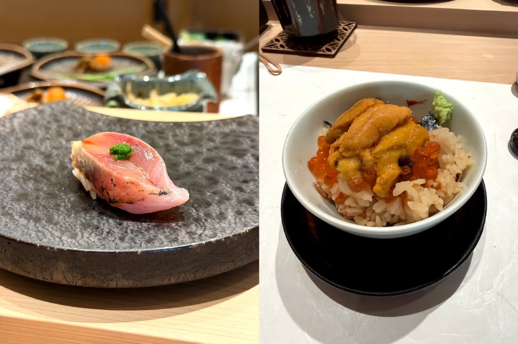 A split-view showcasing a delicate piece of nigiri from Sushi Sato on the left and a decadent uni and ikura rice bowl on the right, highlighting the diversity of a premium Japanese omakase menu.