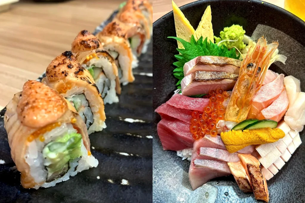 A variety of signature aburi salmon rolls and a generous chirashi don from The Sushi Bar, popular choices for casual yet high-quality Japanese dining in Singapore.