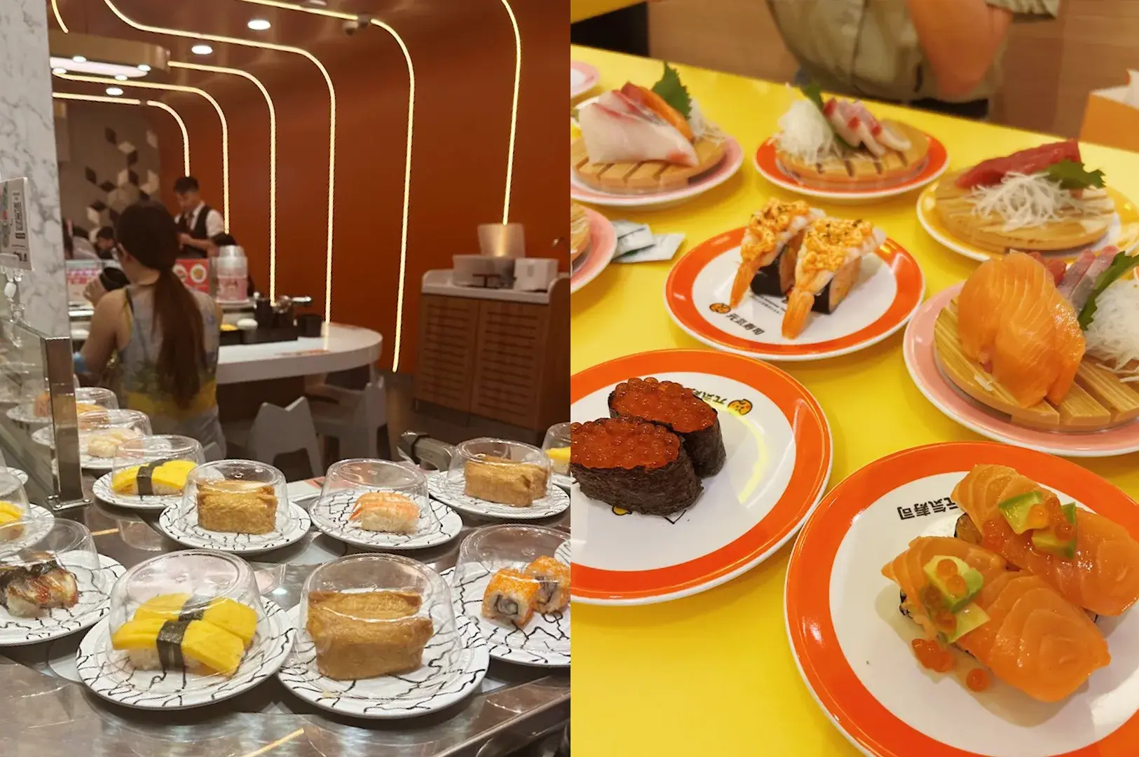 A split image showcasing the casual atmosphere of Sushi Express on the left and the colorful variety of sushi plates at Genki Sushi on the right, representing the popularity of conveyor belt sushi in Singapore.