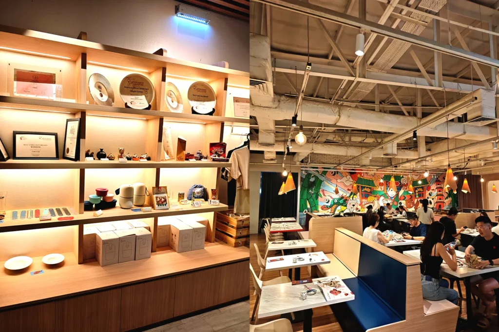 A composite view showing Omote’s retail display of awards and Japanese merchandise, alongside the restaurant’s lively dining space featuring distinctive wall murals.
