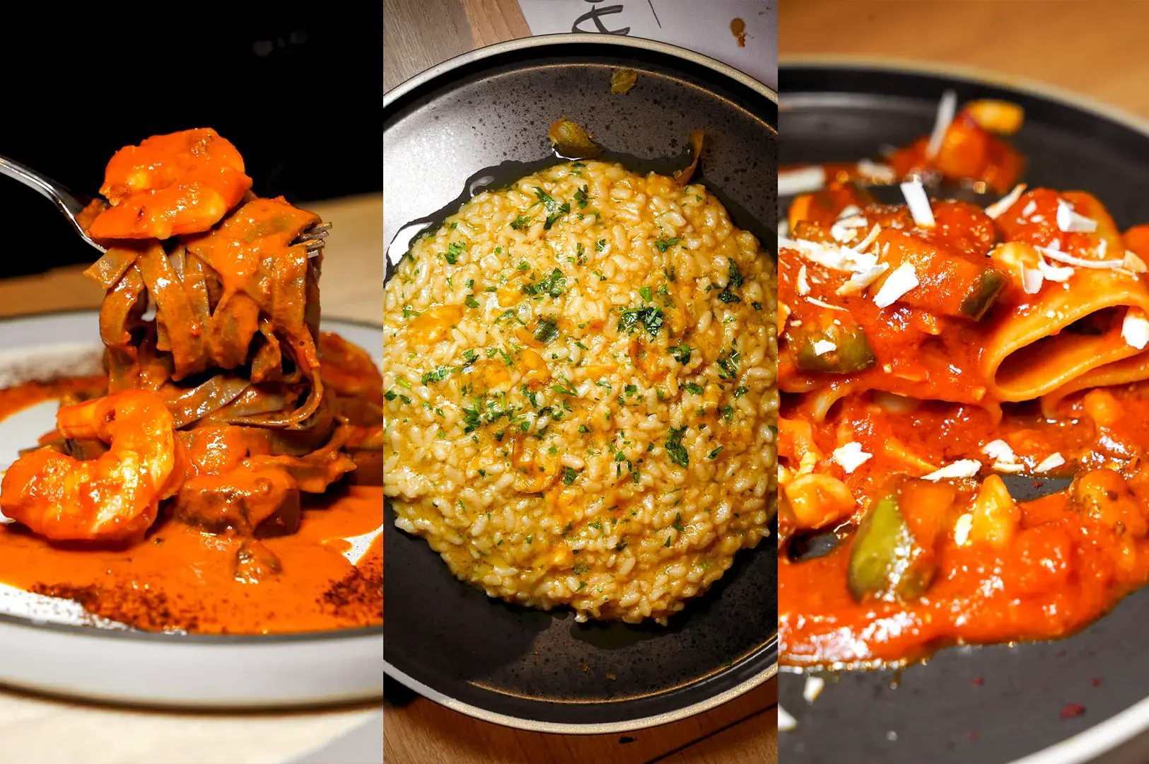 A selection of signature Italian dishes at Acqua e Farina, including Tagliatelle al Cacao con Gamberetti e Nduja made with cocoa pasta on the left, Risotto ai Ricci di Mare e Bottarga made with Italian short grain rice cooked in sea urchin broth in the middle, and Paccheri alla Norma, a rich eggplant tomato sauce pasta on the right.
