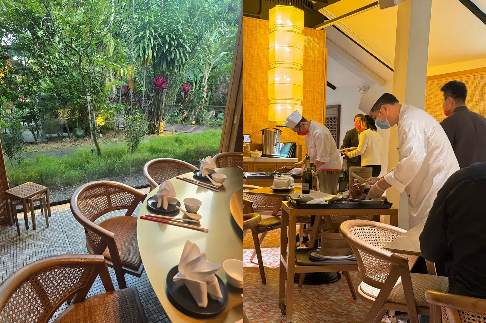 Split view of Min Jiang at Dempsey, showing a serene garden dining perspective alongside chefs preparing a gourmet meal, capturing the harmony of nature and fine Chinese cuisine.