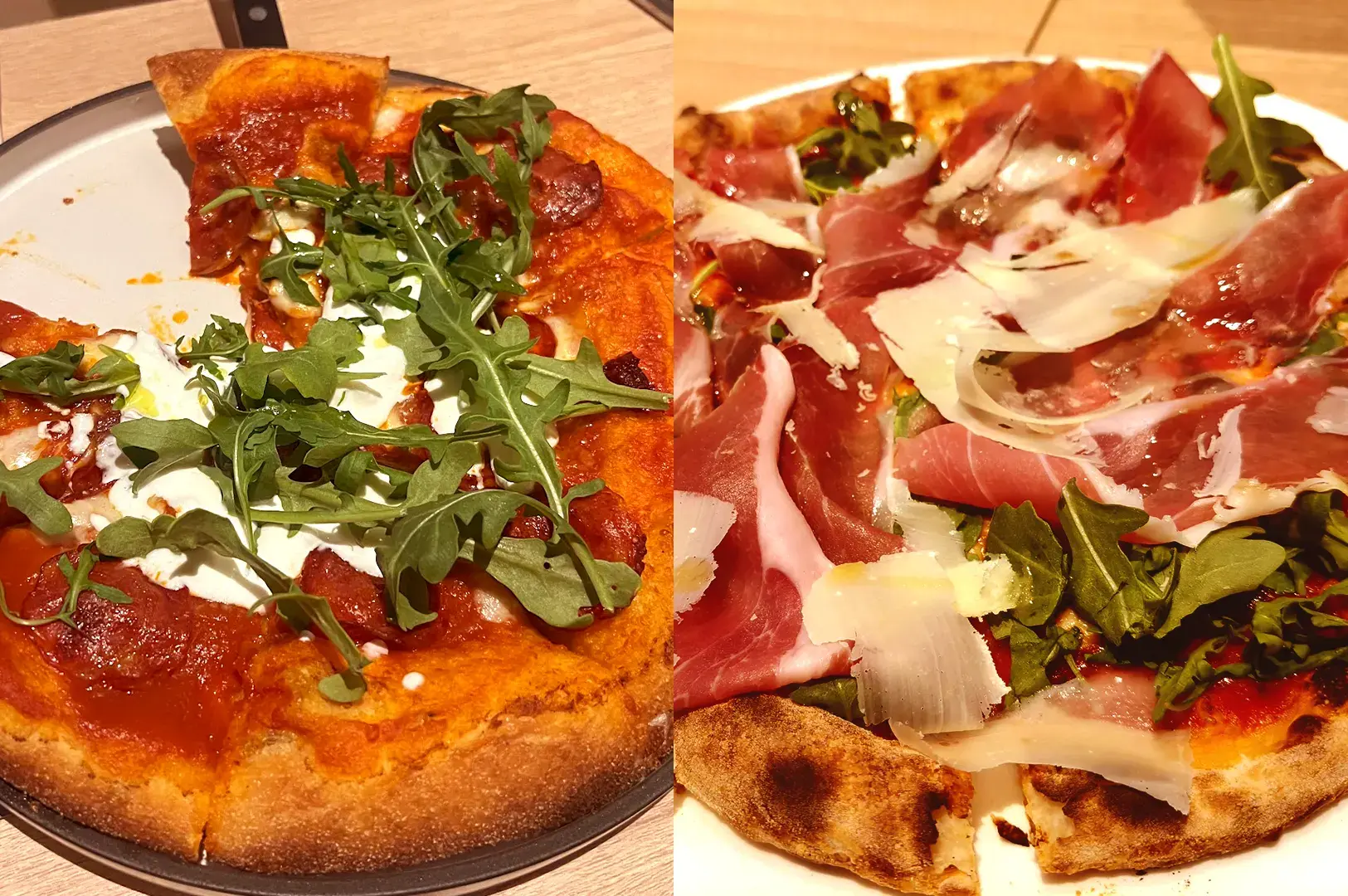 Two specialty pizzas, the Pizza Montanara with the main topping of pork salami on the left, and Pizza Montanara Acqua e Farina with the main topping of Pancetta Italian pork belly on the right, highlighting their specialty deep fried pizzas at Acqua e Farina.