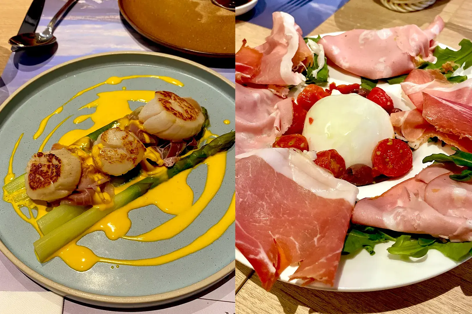 A close-up of gourmet Italian appetizers at Acqua e Farina, featuring seared scallops with asparagus (Tegamino con Cippolle, Asparagi e Guanciale) and a platter of fresh burrata with assorted cold cuts (Burratina con parma Ham and Mortadella).