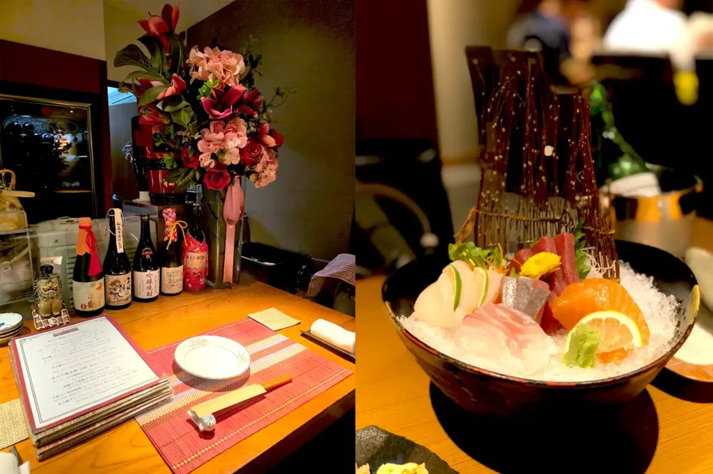 A split-view image of Hanashizuku Japanese Cuisine featuring an elegant dining table setup with flowers on the left and a fresh sashimi platter on crushed ice on the right.