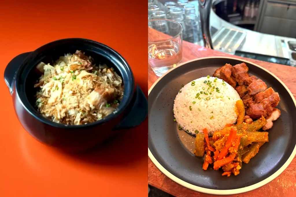 A split image showing the XOXO Claypot Rice on the left and a plate of crispy pork belly with rice on the right at Rasa Space.