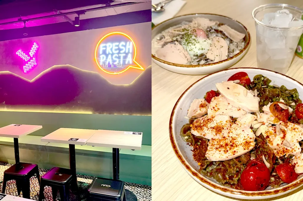 The modern, neon-lit interior and freshly prepared pasta dishes served at Tangled Fresh Pasta to go in Republic Plaza.