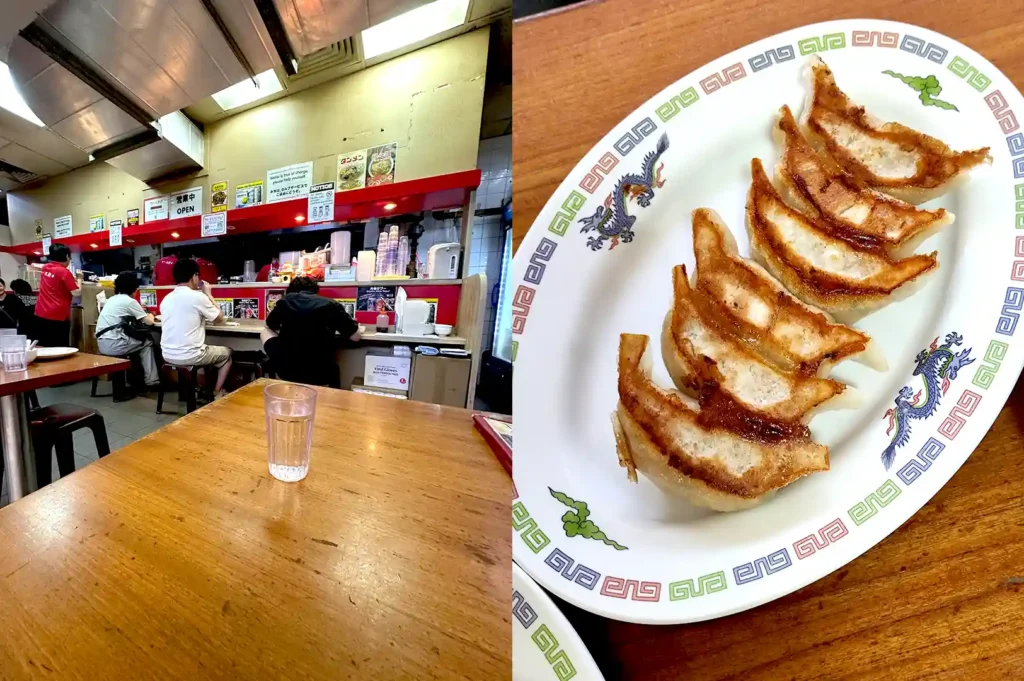 A split view of Gyoza no Ohsho at Cuppage Plaza showing its casual indoor dining area on the left and a plate of pan-fried gyoza on the right.
