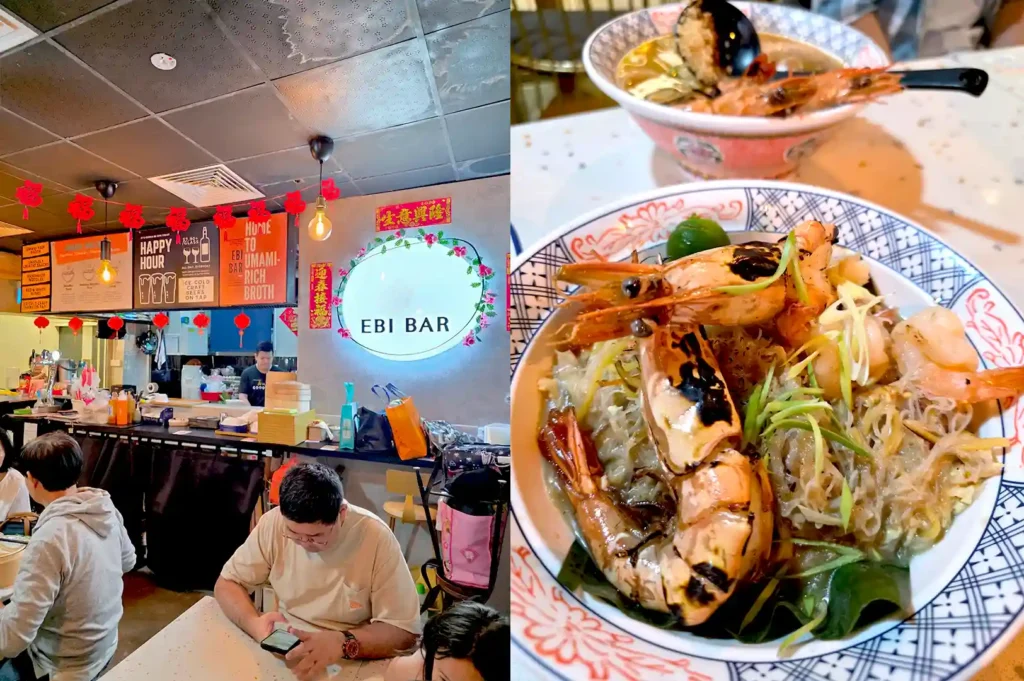 A split-view image of Ebi Bar showcasing its vibrant interior with neon signs on the left and bowls of signature umami-rich prawn noodles on the right.