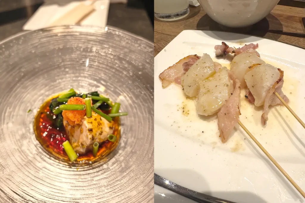 A side-by-side view of a vibrant Japanese appetizer in chili oil and smoky meat skewers served during a dining review at Kazu Sumiyaki Singapore.