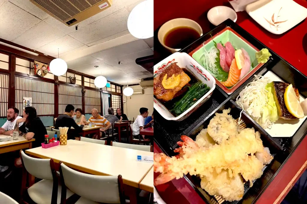 A split view of Izakaya Nijumaru featuring its traditional tatami-style interior seating on the left and a complete Japanese bento set on the right.