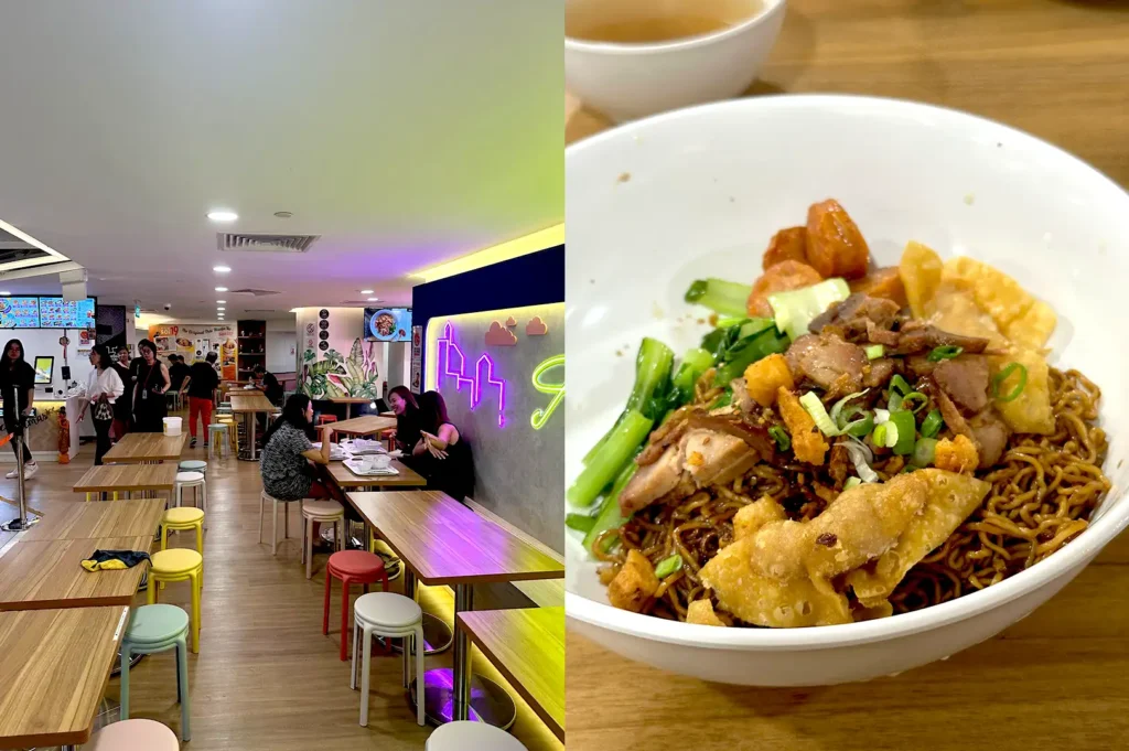 The contemporary dining space and a signature bowl of Thai wanton mee served at Soi 19 Thai Wanton Mee in Republic Plaza.