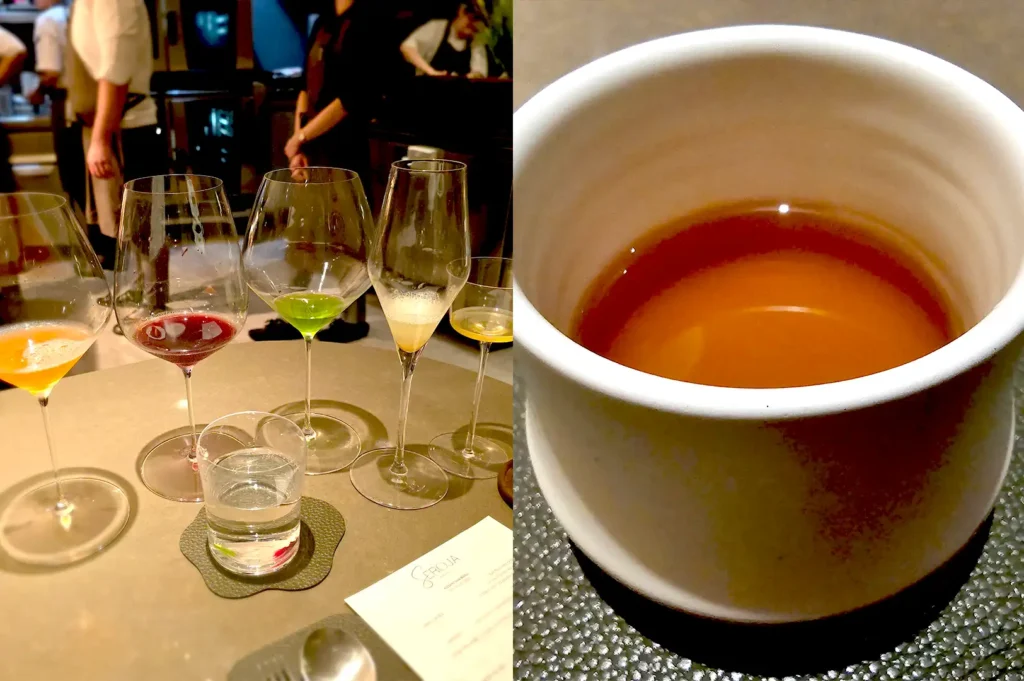 A split-view image showing a curated selection of fine wine beverage pairings on the left, and a warm jasmine tea in a ceramic cup on the right at Seroja.