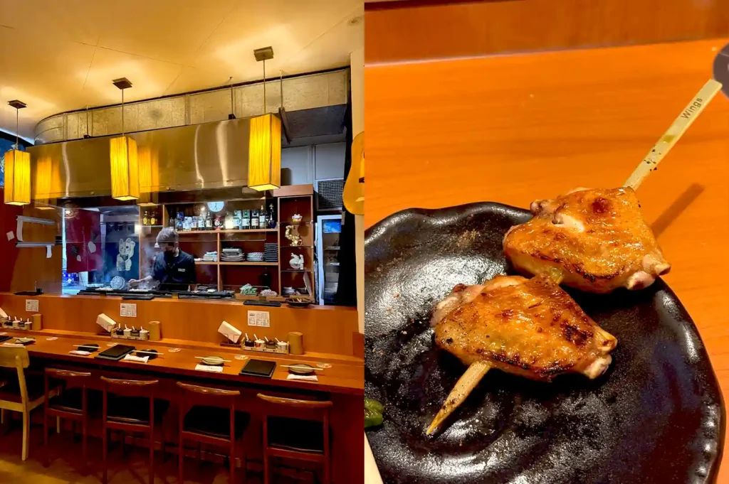 A split view of Skewers Yakitori Izakaya showing its counter seating and open grill kitchen on the left, and skewered grilled chicken wings served on a black plate on the right.