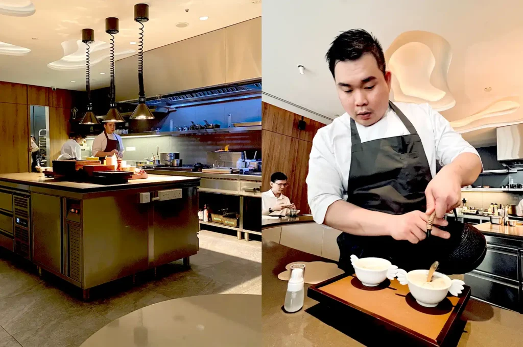 A split view of Seroja's open kitchen on the left and chef Kevin Wong preparing dishes at the counter on the right, highlighting the two Michelin-star dining experience in Singapore.