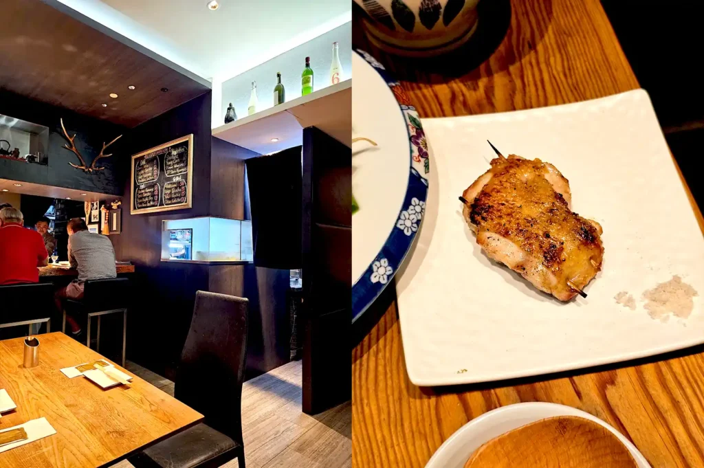 A split view of Kazu Sumiyaki featuring its intimate counter seating area on the left and a grilled yakitori skewer served with salt on the right.