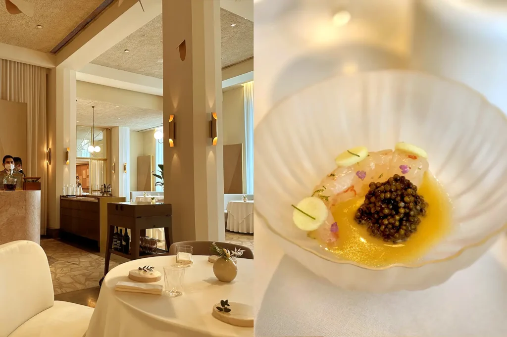 Odette restaurant interior featuring elegant artistic decor and a refined Hokkaido Bottan Ebi garnished with edible flowers.