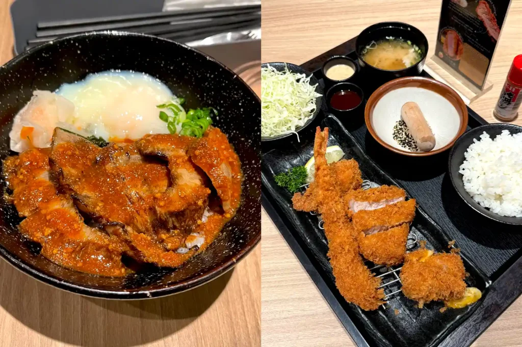 A close-up of a Japanese rice bowl topped with Iberico Pork Jowl and an egg alongside a katsu set with fried shrimp, sliced pork cutlet, shredded cabbage, miso soup, and rice.