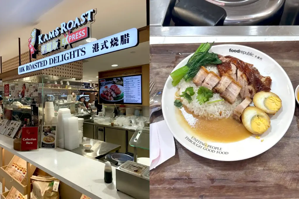 The storefront of Kam's Roast Express alongside a plate of HK-style roasted meat rice topped with boiled eggs and greens.