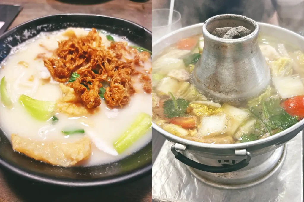 A side-by-side food photography view featuring a comforting bowl of creamy sliced fish soup topped with crispy fried egg floss alongside a bubbling traditional charcoal fish head steamboat at Xin Yuan Ji.