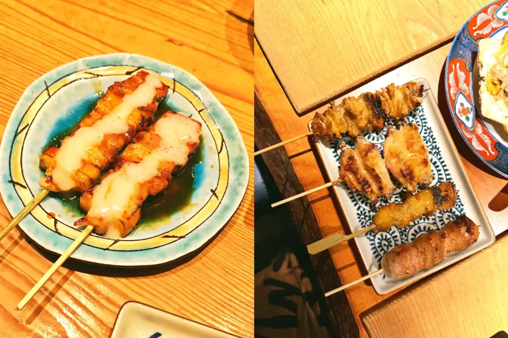 A colorful plate of expertly grilled yakitori skewers, showcasing juicy meats, crispy chicken skin, and savory glazed cuts.