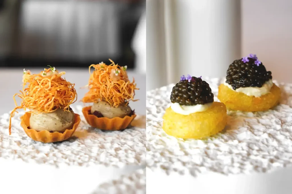 A close-up split image of fine-dining canapés at JAAN By Kirk Westaway, featuring Goose Mousse Tart on the left and Fish & Chips crowned with Kristal caviar and edible purple flowers on the right.