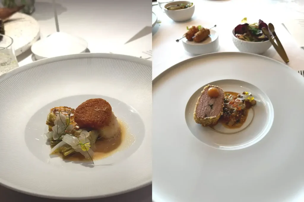 A split image of exquisite main dishes at JAAN By Kirk Westaway, displaying a perfectly seared scallop with brown butter on a wide white plate and a savory Kagoshima Wagyu beef with sauce and herbs.