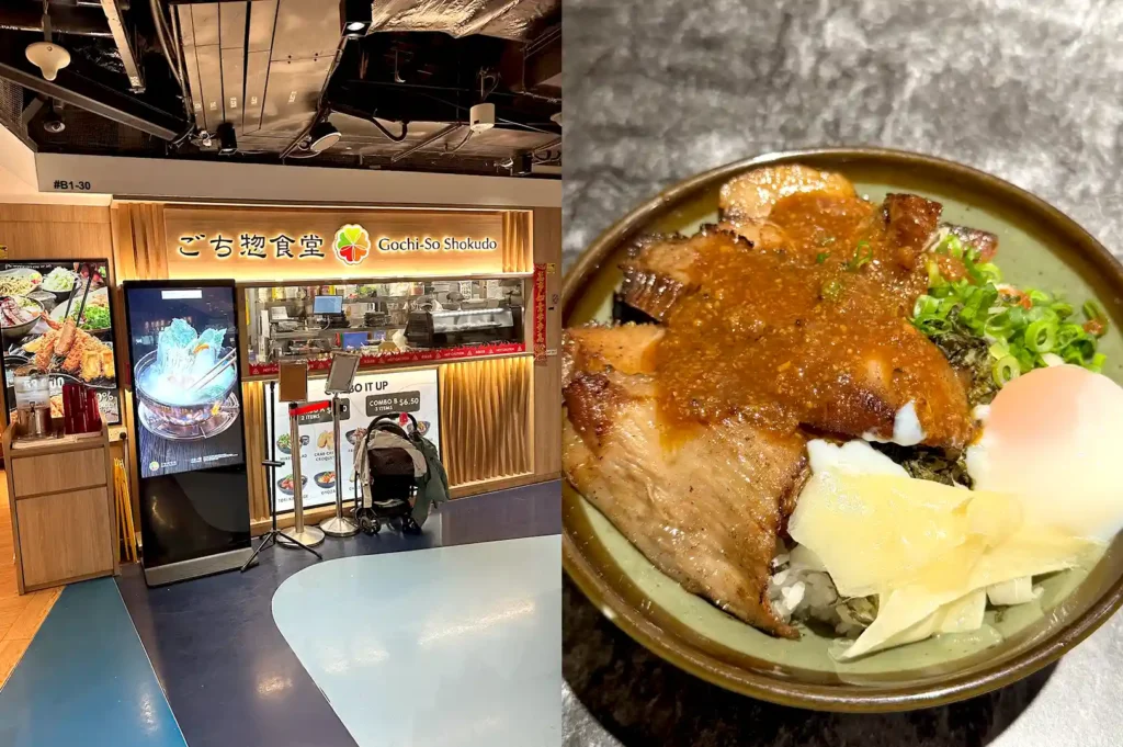 The storefront of Gochi-So Shokudo next to a digital menu screen, showcased with a hearty bowl of Iberico Pork Jowl don topped with a soft-boiled egg.