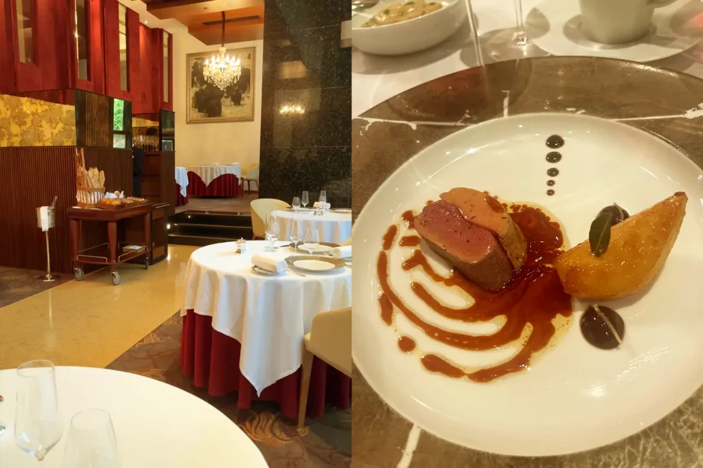 Les Amis classic French dining room along Orchard Road featuring a gourmet plate of expertly cooked wagyu with rich sauce and a crisped potato.