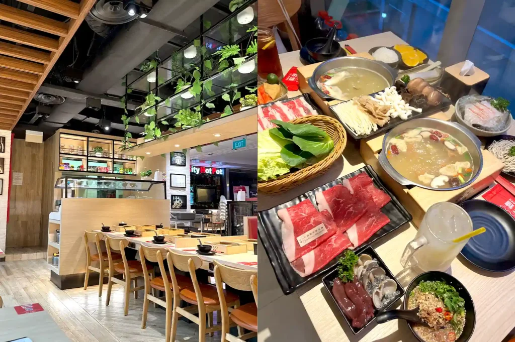 The cozy dining interior of City Hot Pot decorated with hanging plants, alongside a spread of personalized hot pot ingredients, fresh meats, and vegetables.