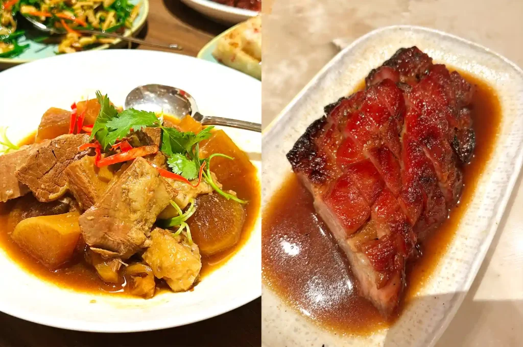 Savory braised beef brisket with radish in a rich broth alongside a plate of tender, glossy BBQ pork char siu.