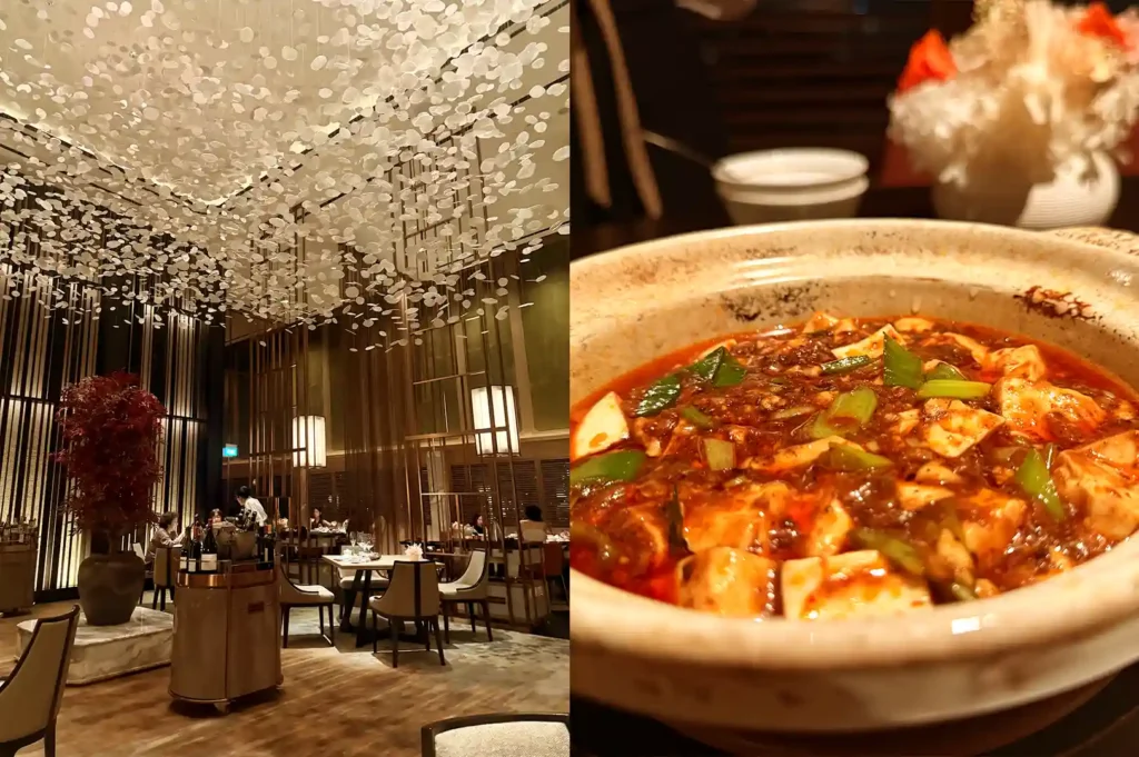 Shisen Hanten by Chen Kentaro featuring a luxurious dining hall ceiling installation and a savory, bubbling claypot of refined Sichuan Mapo Tofu.