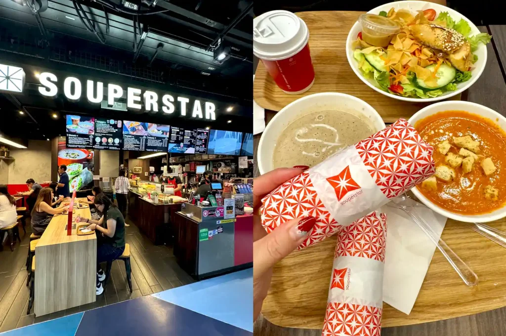 The Souperstar ordering counter with indoor bar seating, accompanied by a tray of warm soups, wrapped popiah rolls, and a fresh salad.