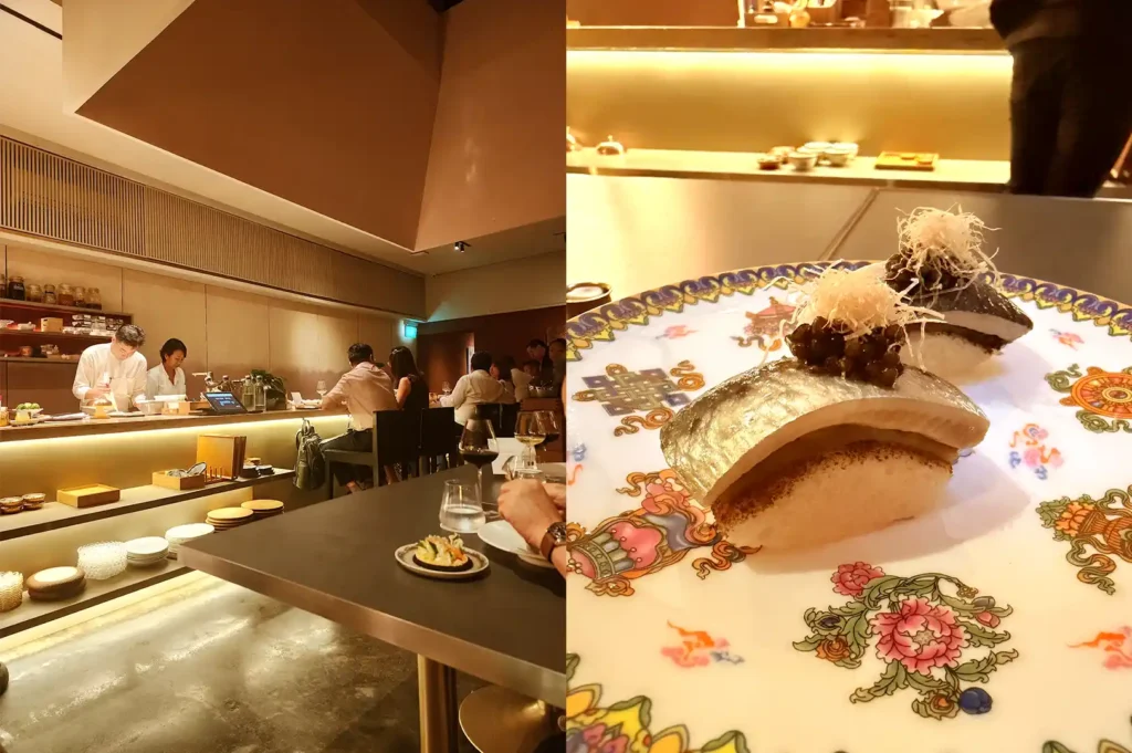 Nouri in Telok Ayer, highlighting its sleek kitchen counter seating and an artfully plated narezushi served on intricate tableware.