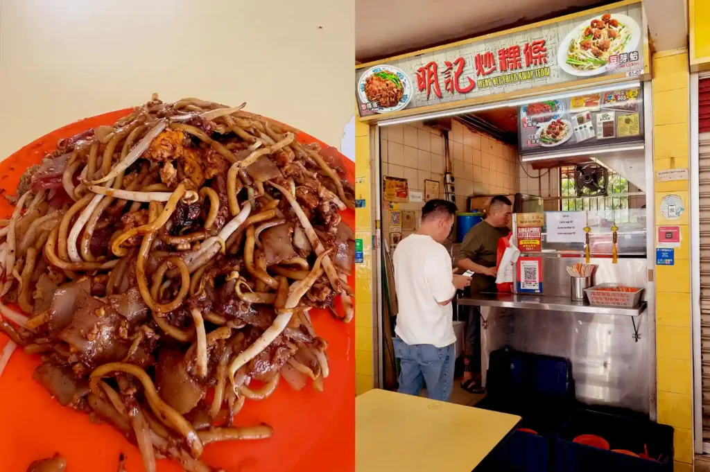 Close-up of a plate of stir-fried char kway teow with yellow noodles and bean sprouts; Right: Customer ordering at the Meng Kee Fried Kway Teow stall storefront in Havelock Road Food Centre.