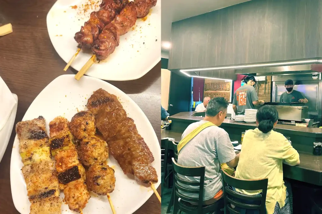 Left: Plates of grilled yakitori skewers and meatballs seasoned with tare sauce and spices; Right: Diners seated at the counter watching chefs grill at Nanbantei.