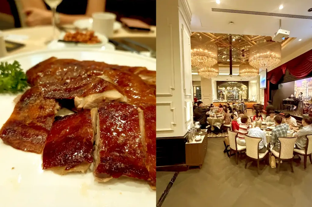 Left: Plate of crispy roasted pork skin with tender meat served at Grand Shanghai; Right: Elegant dining room interior with crystal chandeliers and round banquet tables.
