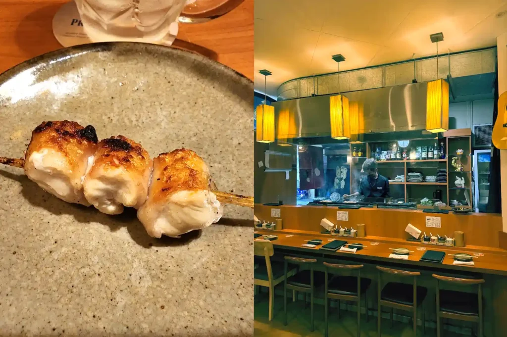 A single grilled chicken oyster skewer with charred skin on a ceramic plate; Right: Cozy wooden counter bar interior at Skewers Yakitori Izakaya in Cuppage Plaza.