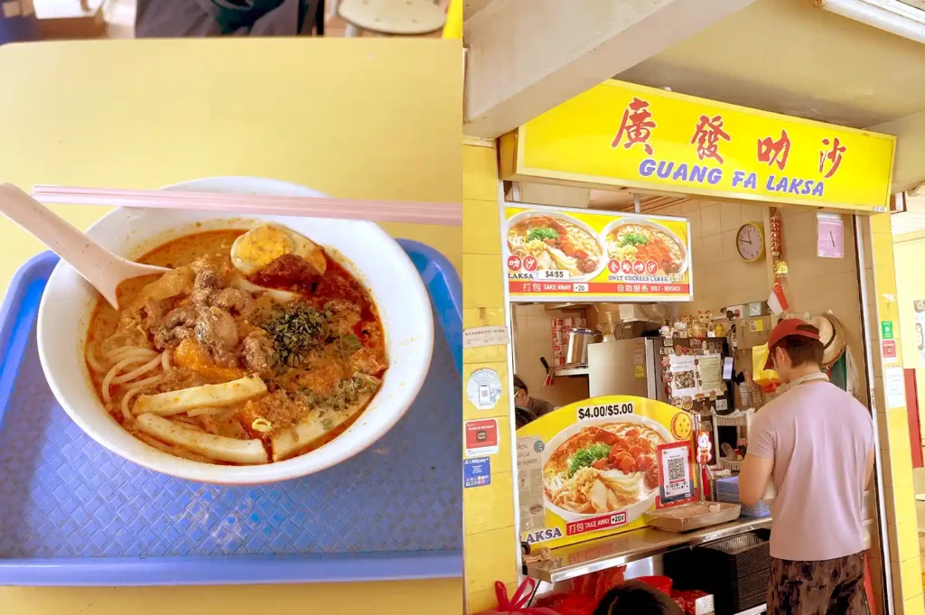 Left: Bowl of rich laksa noodle soup topped with fresh cockles, fishcake slices, and chili; Right: Customer ordering at the bright yellow Guang Fa Laksa stall front.