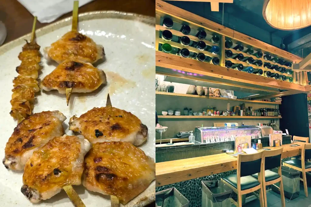 Left: Platter of charcoal-grilled chicken wings and skin skewers; Right: Rustic wooden counter seating and sake bottle display shelf inside Yatagarasu yakitori izakaya.