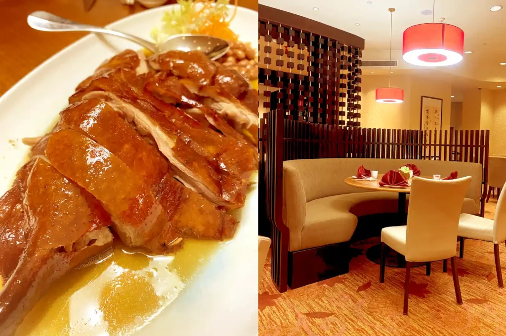 Left: Platter of sliced roasted duck with golden crispy skin; Right: Upscale interior of Xin Cuisine Chinese Restaurant featuring plush booth seating and warm red pendant lamps.