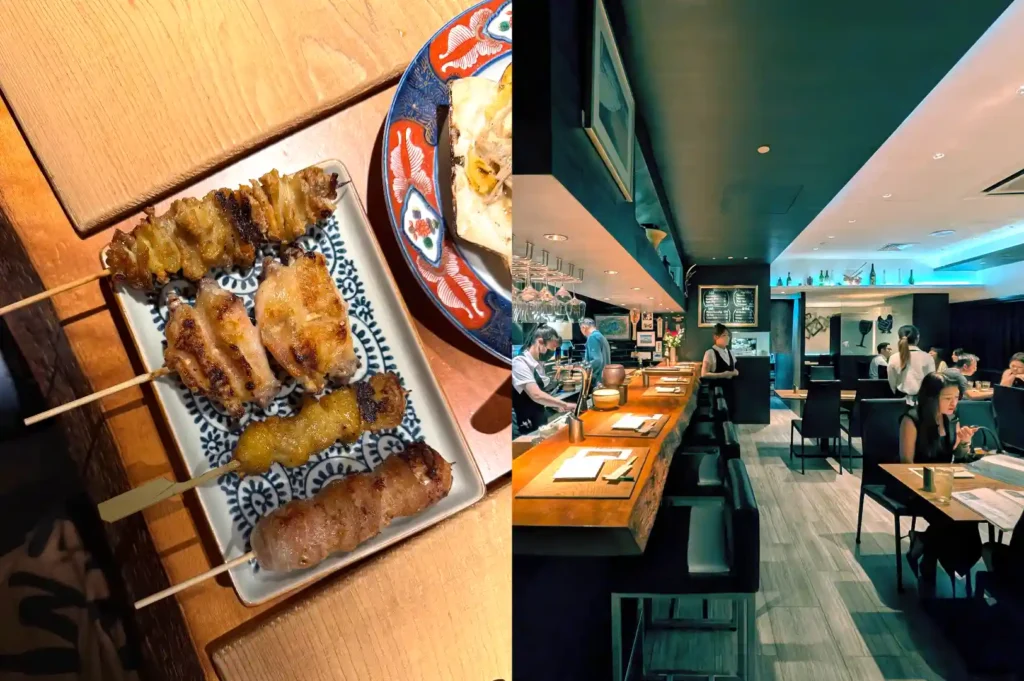 Assorted grilled skewers, including chicken skin and wrapped meats, on a patterned ceramic plate; Right: Long wooden dining counter and dining room setting at Kazu Sumiyaki.